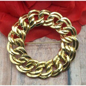 MONET Brooch 2.5" Round Double Chain Circle Gold Tone 80's Vintage Unisex